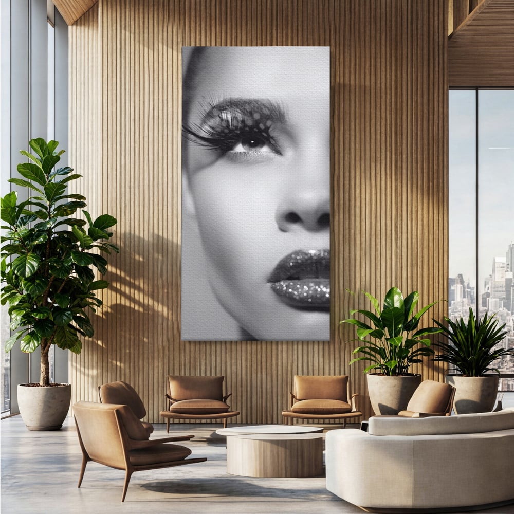 Tablou canvas cu tablou canvas cu portret alb-negru, fara rama, pe sasiu de lemn, pe perete intr-un birou